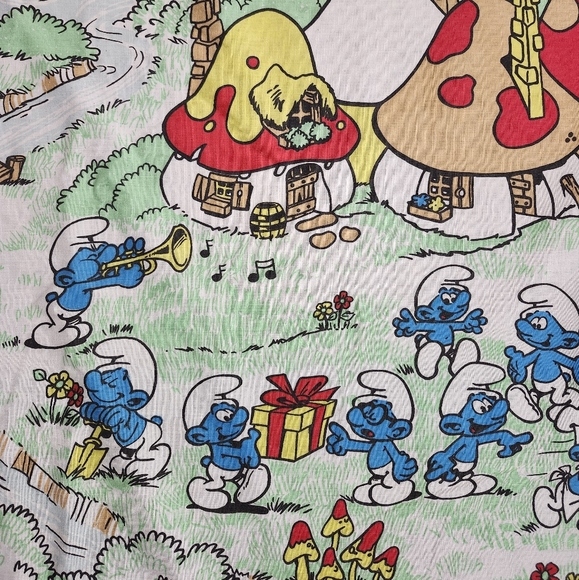 Vintage 1980s "Smurf Village " Twin Flat Bed Sheet Fabric - Picture 9 of 12